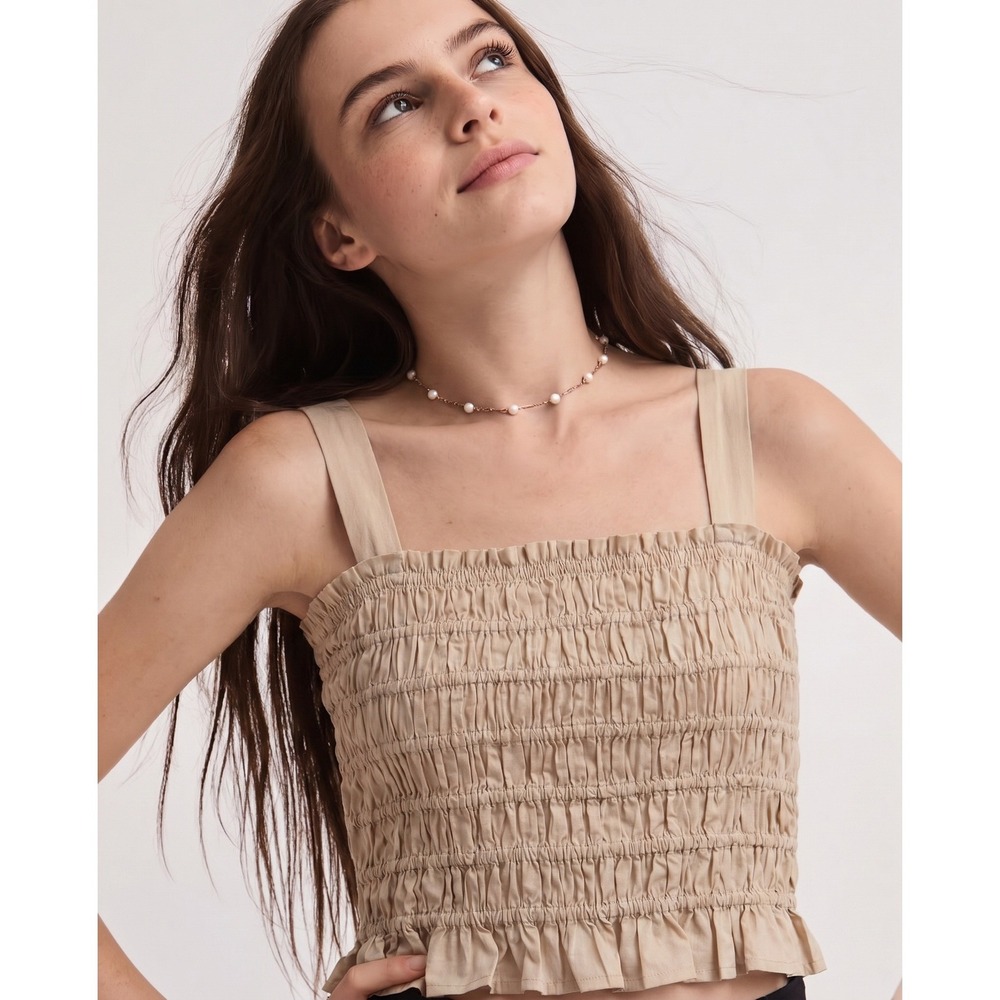 J.Crew Smocked Crop Tank Top Small Khaki Tan Ruffle